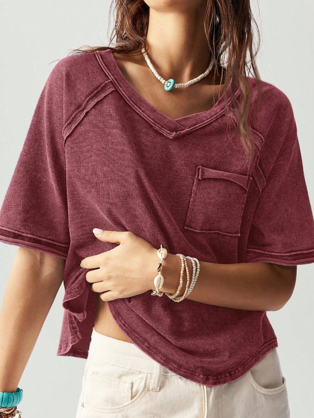 Burgundy Casual Boho Women's Knitted Crew Neck Raglan Short Sleeve Loose T-Shirt